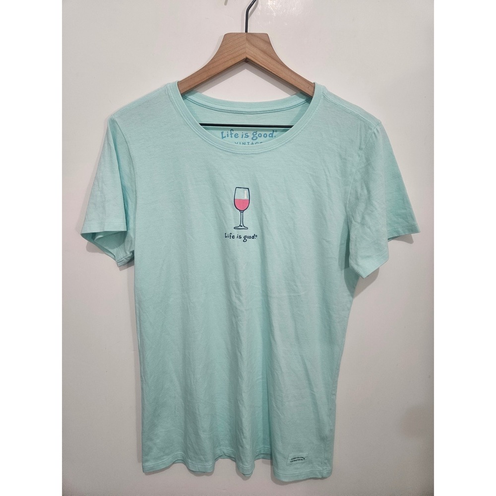 Life‎ is Good Vintage Crusher Tee Womens Medium Aqua Blue Wine Glass Graphic T